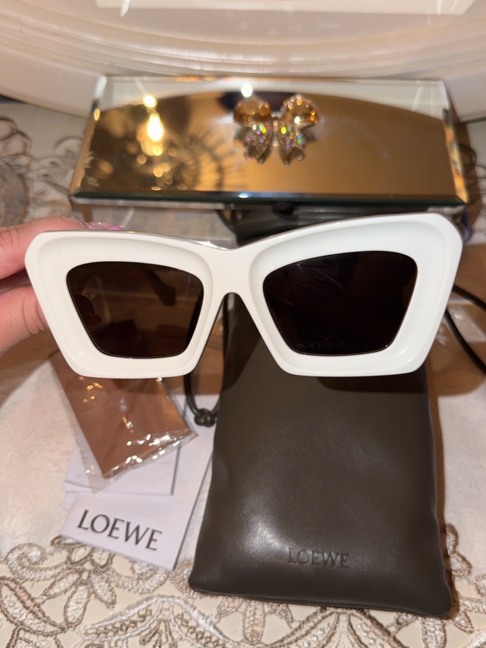 Loewe White Geometric Square Sunglasses with Dark Lenses